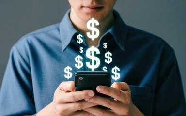 A person holding a smartphone with glowing dollar sign icons emerging, symbolizing online income, mobile banking, and digital wealth.