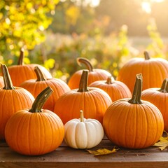 Autumnal display of pumpkins on wood, sunlit background