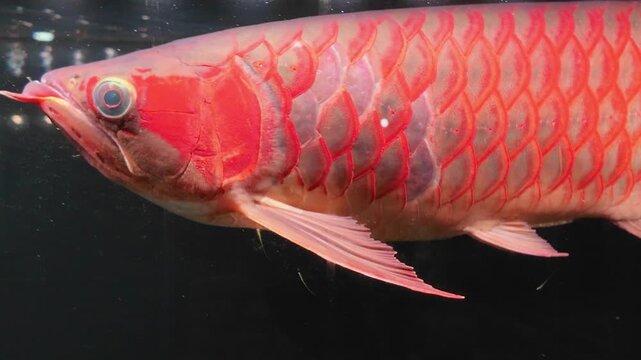 4k video footage of Super Red Arowana fish swim inside the aquarium.	