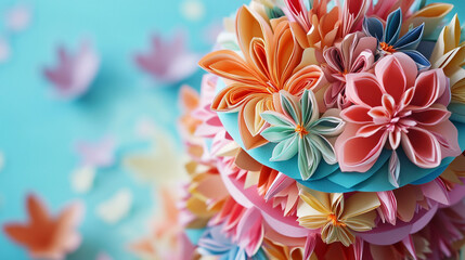 Close-Up of Vibrant Paper Flower Art Birthday Cake Against A Blue Background. Close-up of colorful origami-style paper flowers arranged in beautiful patterns, displayed against blue background