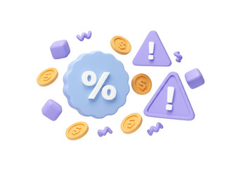 3d render of a percentage symbol with coins, warning signs, and cubes, isolated on transparent background