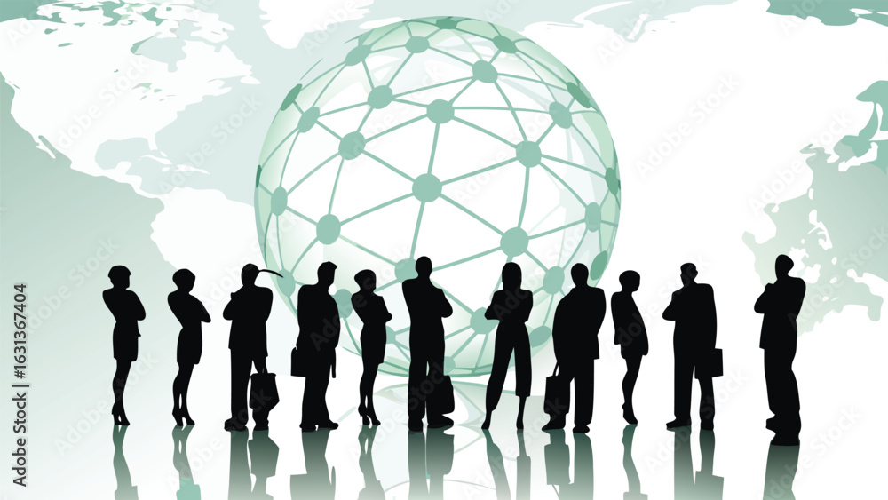 Poster silhouetted business people stand before a networked globe and world map in a professional setting