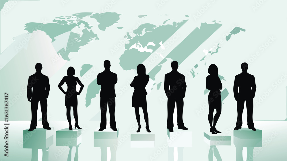 Poster silhouette of business people standing on platforms with a world map in the background design elemen