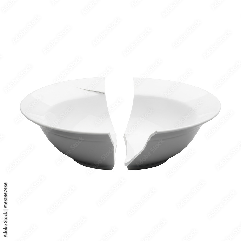Poster pristine transparent porcelain soup bowl meticulously broken into two equal halves with a sharp frac