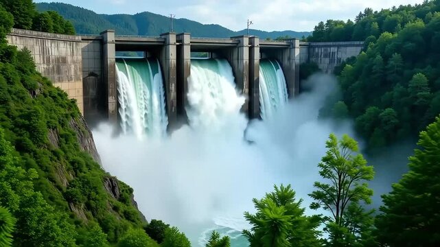 Powerful hydroelectric dam generating clean energy with rushing water through a stunning landscape