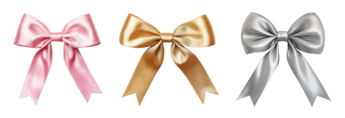 Three decorative ribbon bows isolated on a transparent background