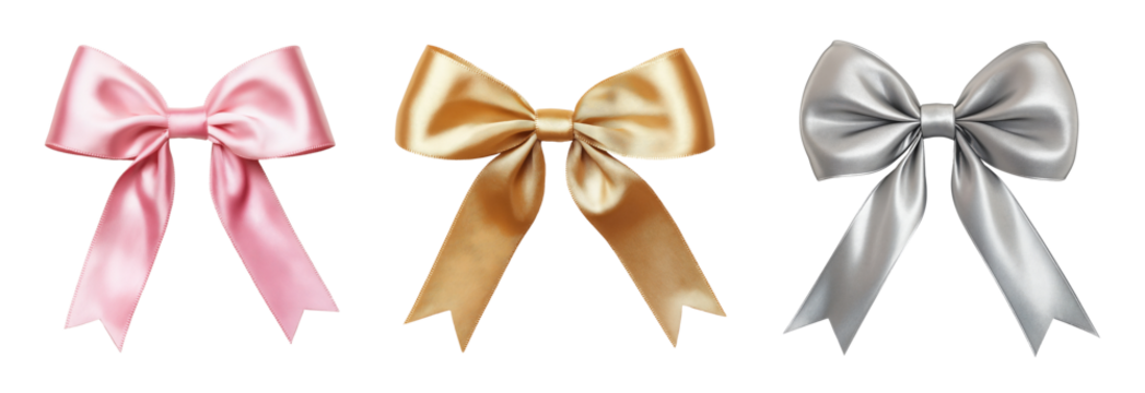 Three decorative ribbon bows isolated on a transparent background