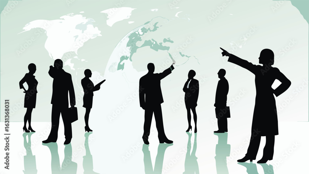 Poster silhouetted business team members standing in front of a world map pointing and gesturing
