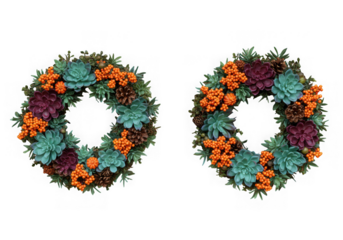 Two autumn wreaths with succulents and berries isolated on transparent background