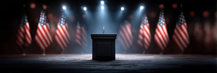 Podium stands ready for speech amid American flags in a formal setting, highlighting political engagement and civic discourse