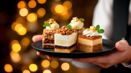 A hand holds a black plate with four assorted gourmet mini desserts, set against a warm, bokeh-lit background.