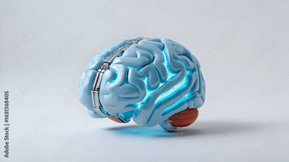 Poster an illuminated model of a brain, suggesting intelligence, knowledge and innovative concept. it has m