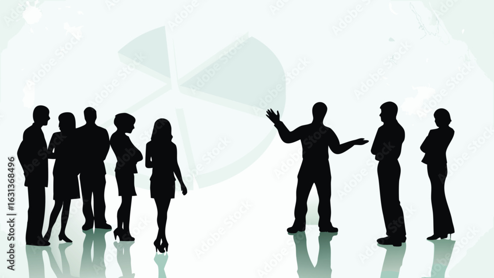 Poster silhouette of a group of people listening to a presentation with a pie chart in the background