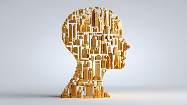 A golden head sculpture representing intellect and the mind 