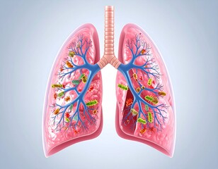 3D Medical Illustration of Lung Infection Caused by Legionnaires’ Disease – Cross-Section of Inflamed Alveoli with Legionella Bacteria for Editorial Use