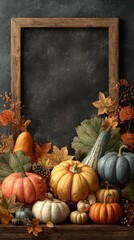 Colorful autumn display of pumpkins and leaves arranged artistically with an empty frame on a textured background