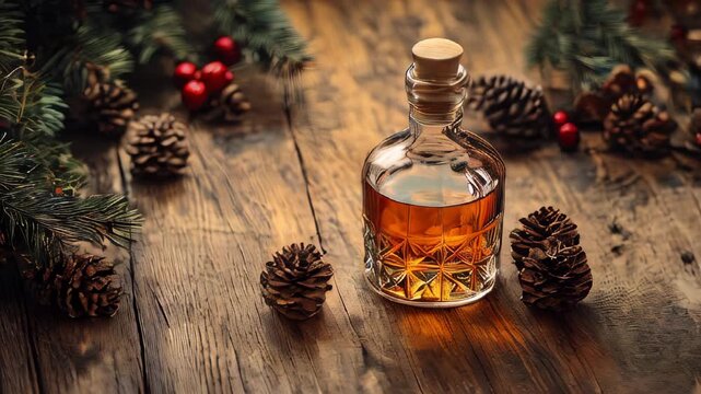 Video showcasing bourbon with a Christmas or winter theme set against a wooden backdrop
