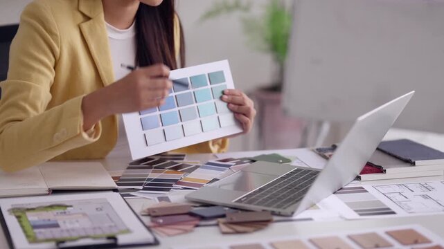 Asian Adult Woman Hands Selecting Color Palette Design Options Architectural Interior Renovation Planning