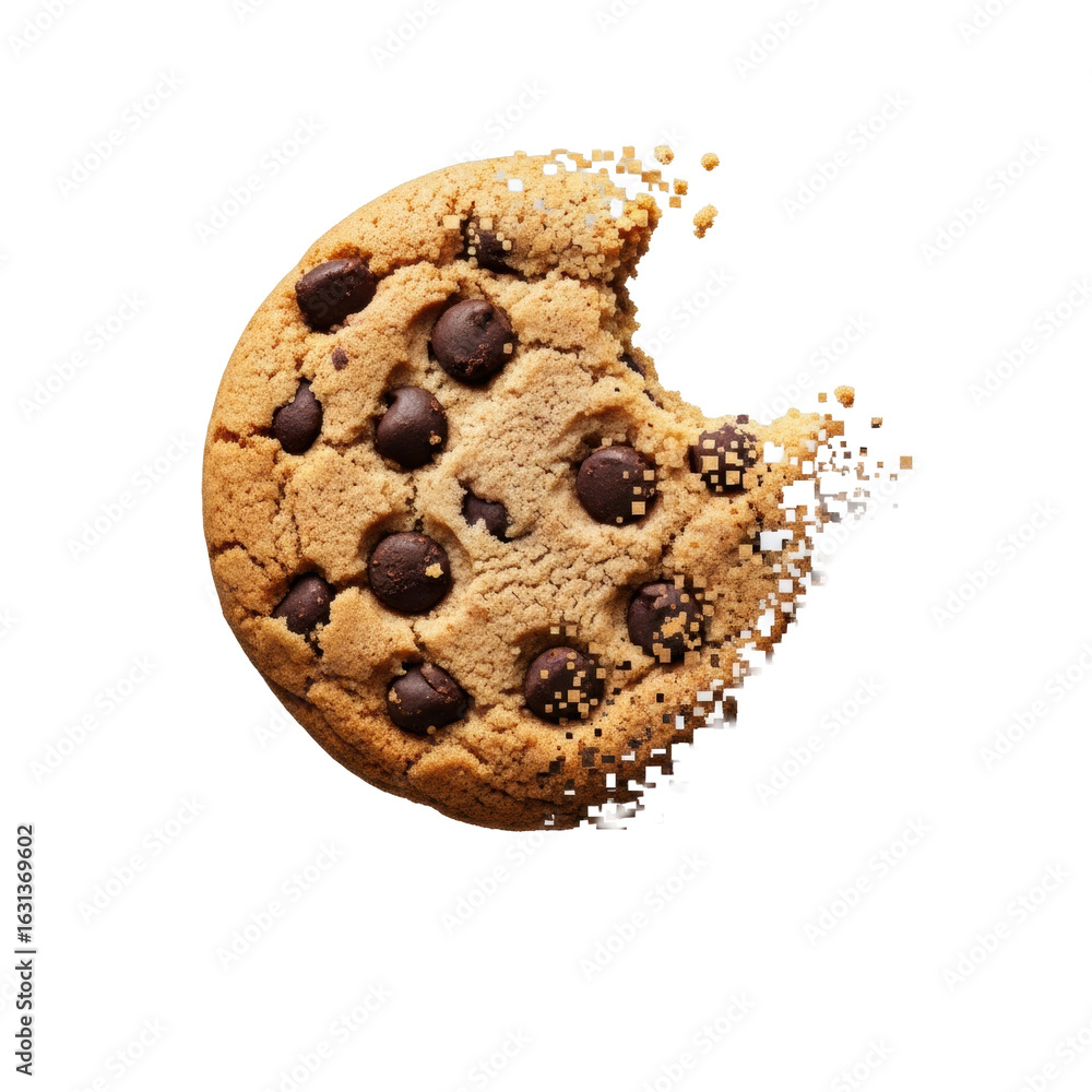Poster half-eaten chocolate chip cookie with bite mark, disintegrating into geometric pixels and digital cr