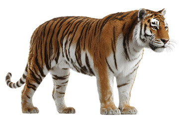 Fototapeta premium A tiger standing, side view, full body, white background, photorealistic. 