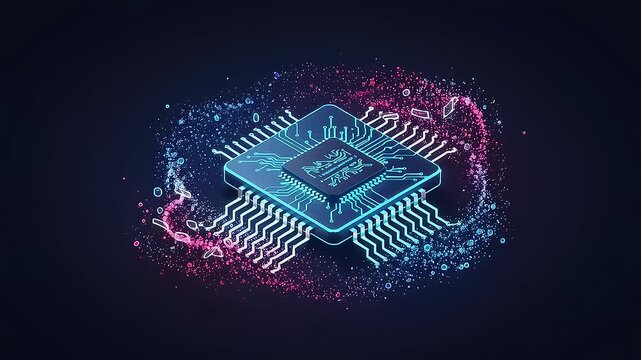 Futuristic microchip design surrounded by colorful digital sparks and abstract elements in a tech setting