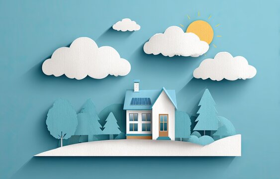 Papercraft home scene, sun, clouds