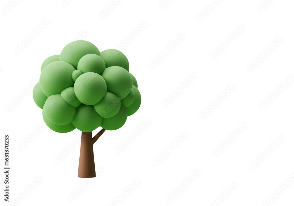 Poster stylized green tree with a brown trunk and a round canopy of leaves isolated on transparent backgrou