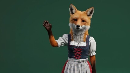Anthropomorphic fox character in traditional dress waving against green background - Powered by Adobe