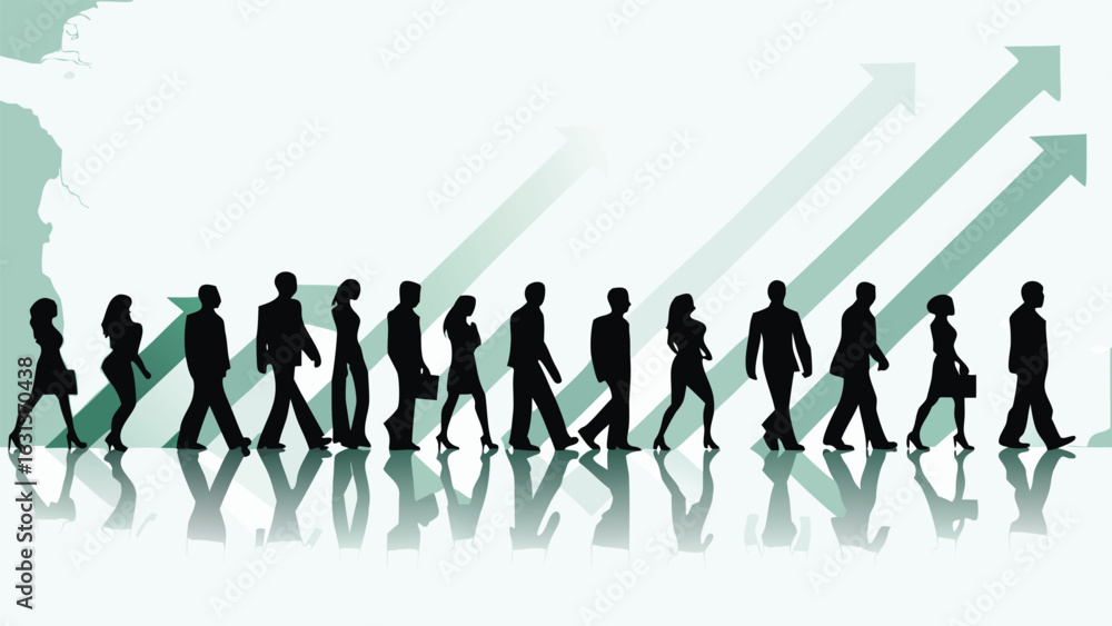 Poster silhouetted business people walking in a line with rising arrows and world map in the background ima