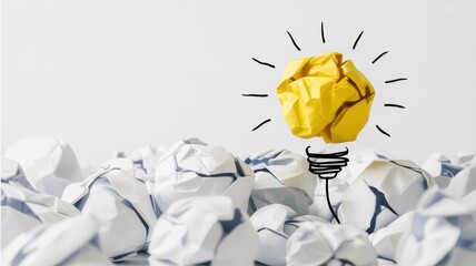 Conceptual image of a bright yellow crumpled paper lightbulb signifying innovation and new ideas amidst discarded paper balls