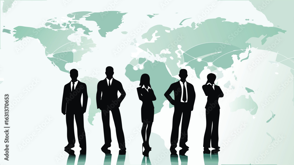Poster silhouette of business team standing in front of world map with global network connections shown