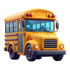Bright yellow school bus 3d icon isolated on transparent background.