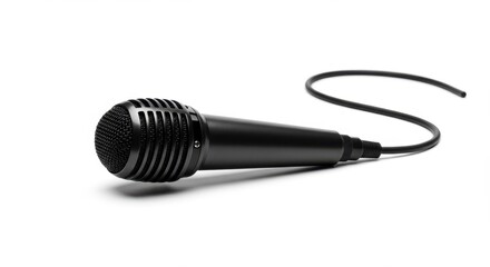 Vintage black microphone with cable isolated on a white background