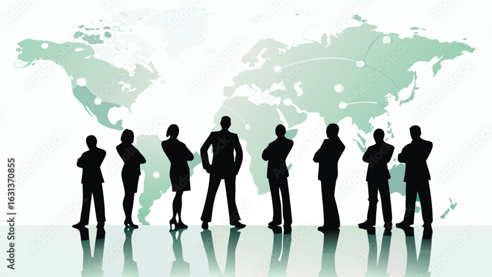 Poster silhouette of business people standing in front of a world map with connecting dots and lines design
