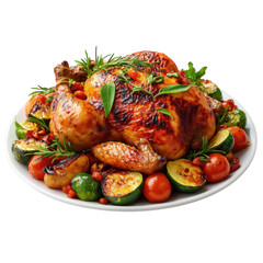 Roasted chicken with vegetables, including zucchini, tomatoes on transparent background