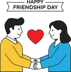 
A flat cartoon illustration of a happy couple holding hands with a heart icon floating between them and a "HAPPY FRIENDSHIP DAY" banner above, symbolizing friendship, love, and connection.