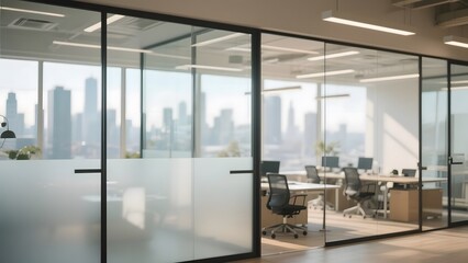 Modern office space with glass partitions and city skyline view