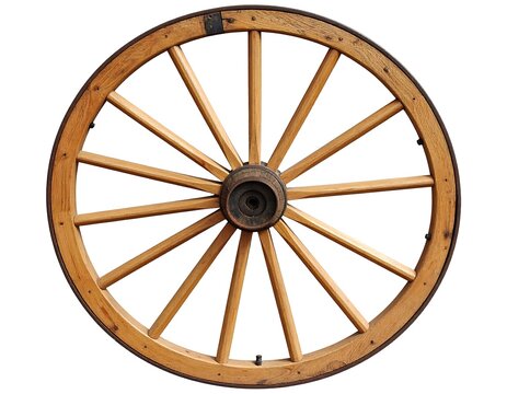 Classic wooden wagon wheel; spokes, hub, and rim