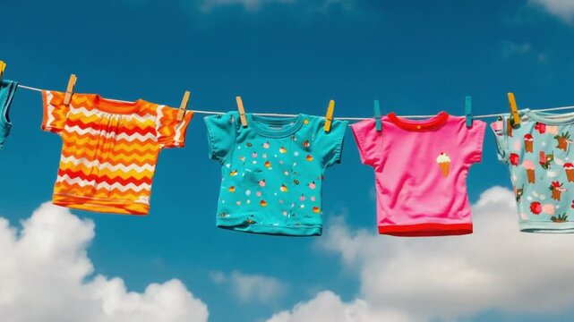 Colorful children's shirts hanging on a clothesline against a bright blue sky with clouds