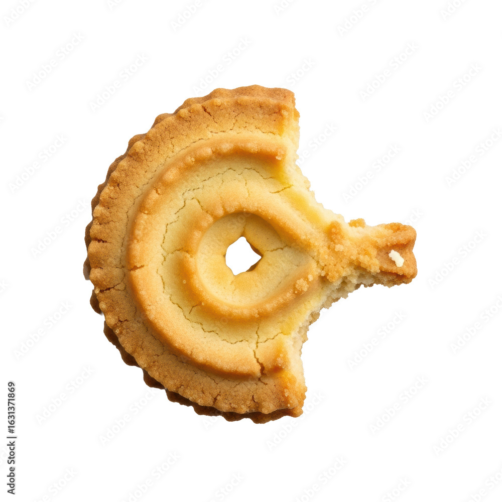 Poster half-eaten golden spritz cookie with a delicate piped pattern and crisp edges, showing crumbs from a