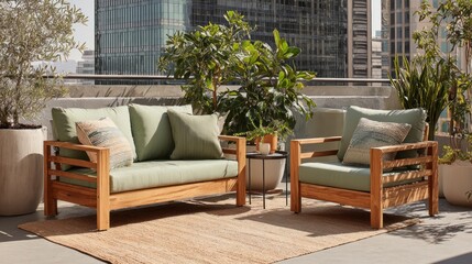 Fototapeta premium Modern Outdoor Patio Furniture Set on Urban Rooftop