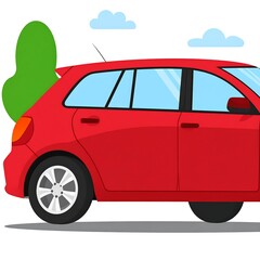 Fototapeta premium Red hatchback car on a road, next to a green bush