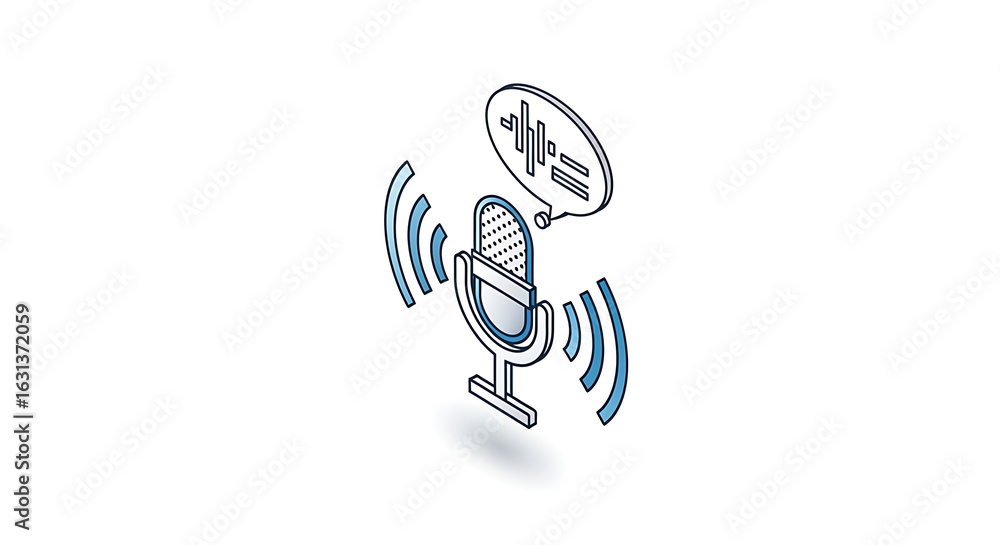 Poster isometric microphone with sound waves and speech bubble on a plain white background design element
