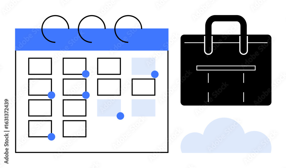 Poster calendar with marked dates, briefcase representing work or professional tasks, and a cloud icon. ide