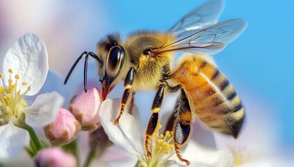 A honeybee collecting nectar from the white blossoms of an apple tree in spring, with a vibrant blue sky and pink buds in the background.