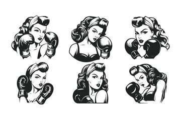 Vintage pin-up girl boxer illustration. Retro tattoo style drawing of a strong woman for gym logo, t-shirt design, or girl power emblem.