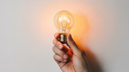 Hand holding a glowing incandescent light bulb, a symbol for new ideas, creativity, innovation, and inspiration