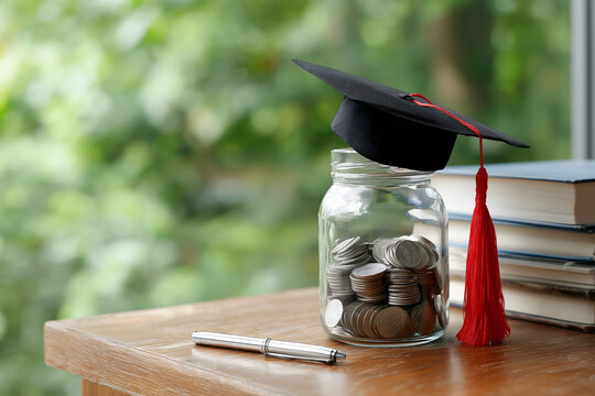 Coin jar with graduation cap representing education fund and college savings