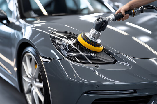 Professional man polishing car with electric buffer in auto detailing studio - Powered by Adobe