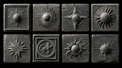 Eight dark stone squares, each with a unique carved sun or star design